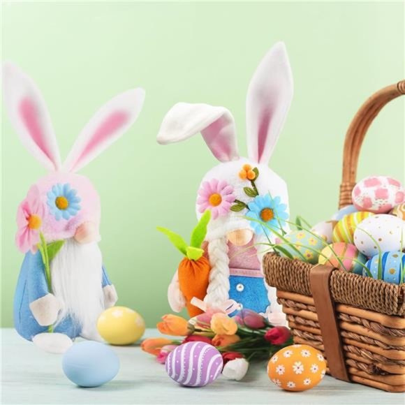 Easter Bunny Gnomes Plush Decor Spring Pink Rabbit Decorations for Home 2 Pack - Picture 7 of 8